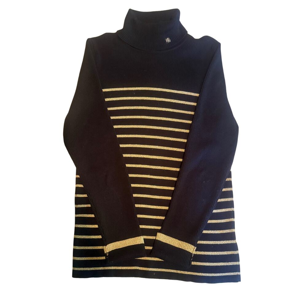 Lauren Ralph Lauren Black Gold Metallic Striped Ribbed Turtleneck Sweater M